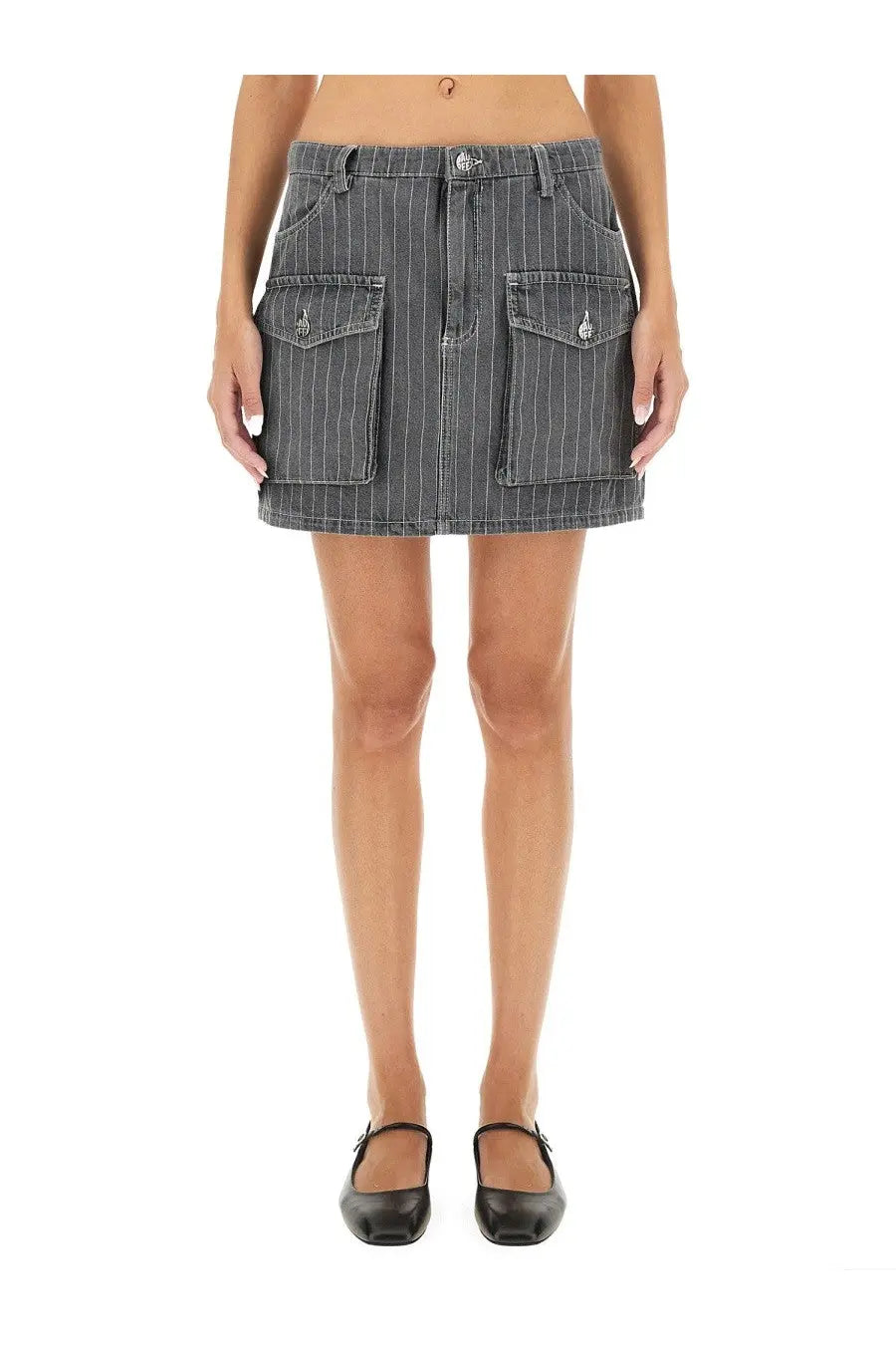 Baum und Pferdgarten women’s sali skirt grey is a dark gray pinstripe denim mini skirt with front pockets and silver buttons