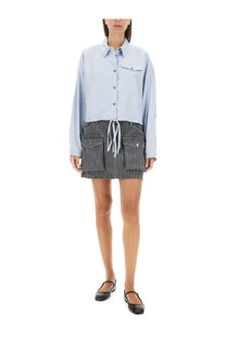 Baum und pferdgarten women’s sali skirt grey paired with a light blue and white vertically striped cropped button-up shirt