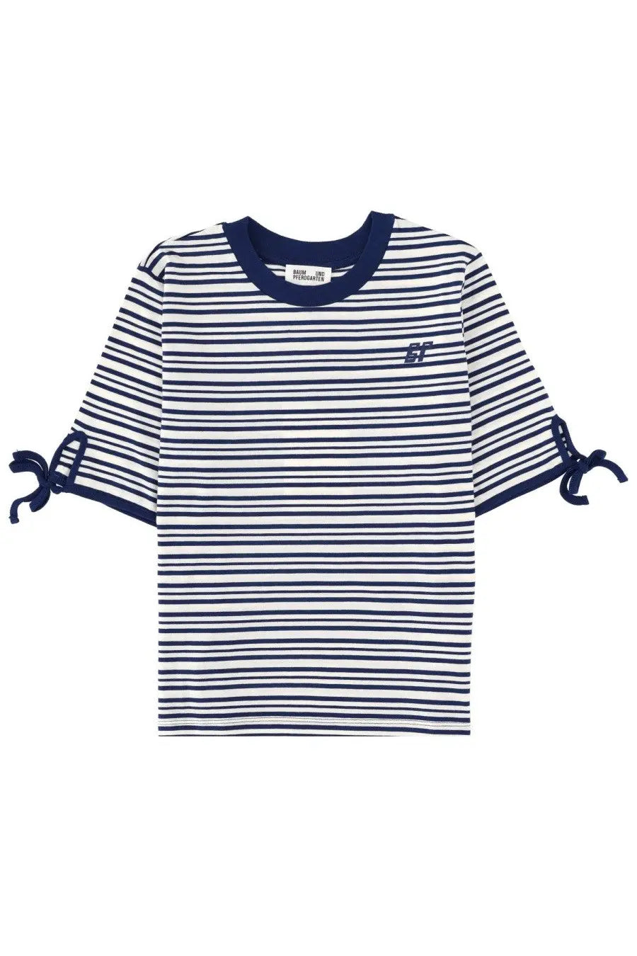 Baum und pferdgarten women’s shirt janet blue navy and white striped short-sleeved t-shirt with ribbed crew neck and tied cuffs