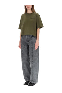 Baum und Pferdgarten women’s olive green cropped t-shirt with small black embroidered logo on the chest