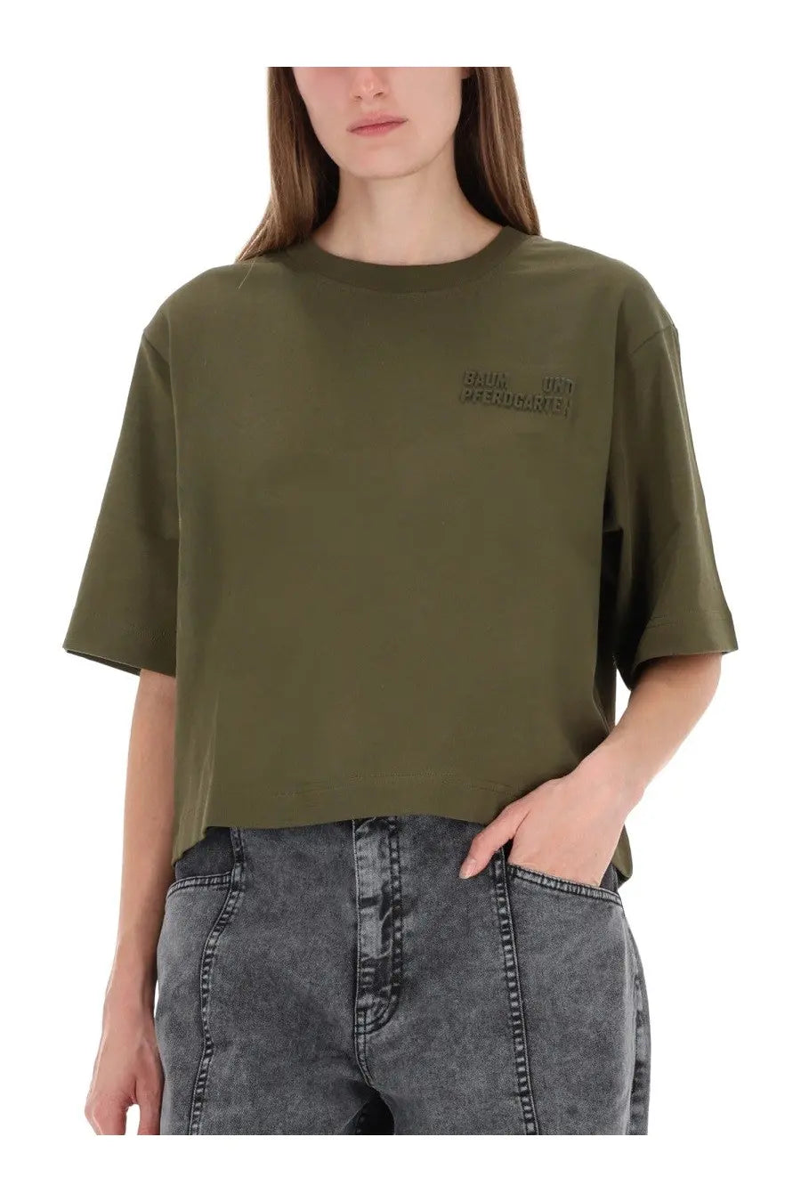 Baum und pferdgarten women’s oversized olive green short-sleeved t-shirt with subtle embroidered logo on chest