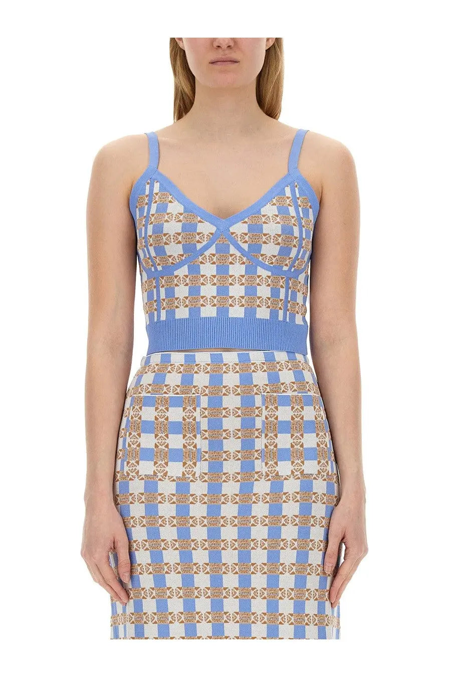 Baum und pferdgarten women’s cropped knit top and skirt set in blue white and gold checkered pattern