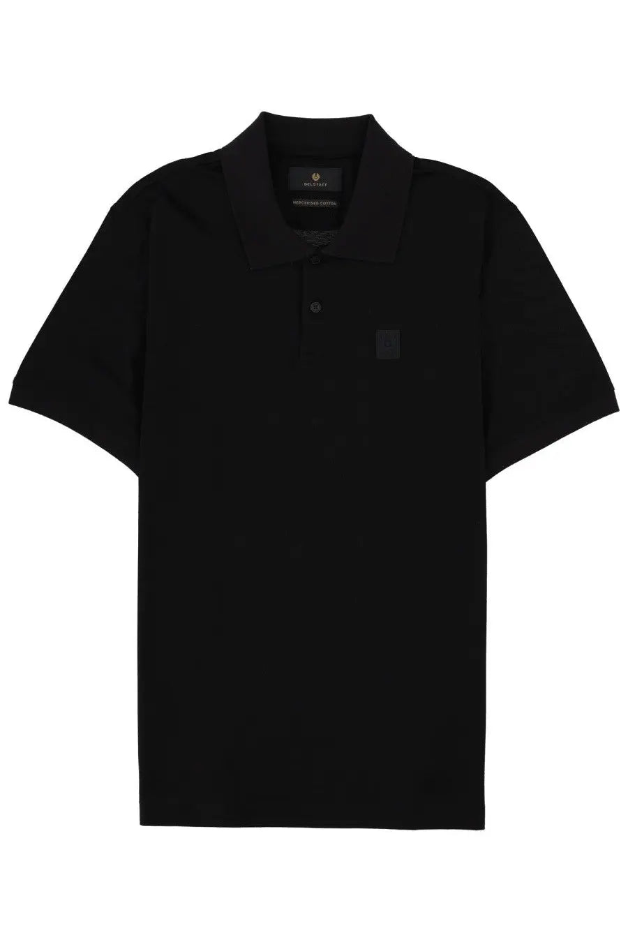 Belstaff men’s black polo shirt with subtle textured pattern and minimalist branding in steel con patch design