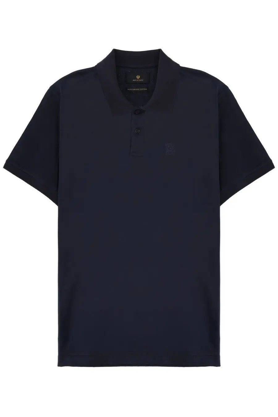 Belstaff men’s polo steel con patch blue black polo shirt with subtle textured fabric and small embroidered logo on left chest