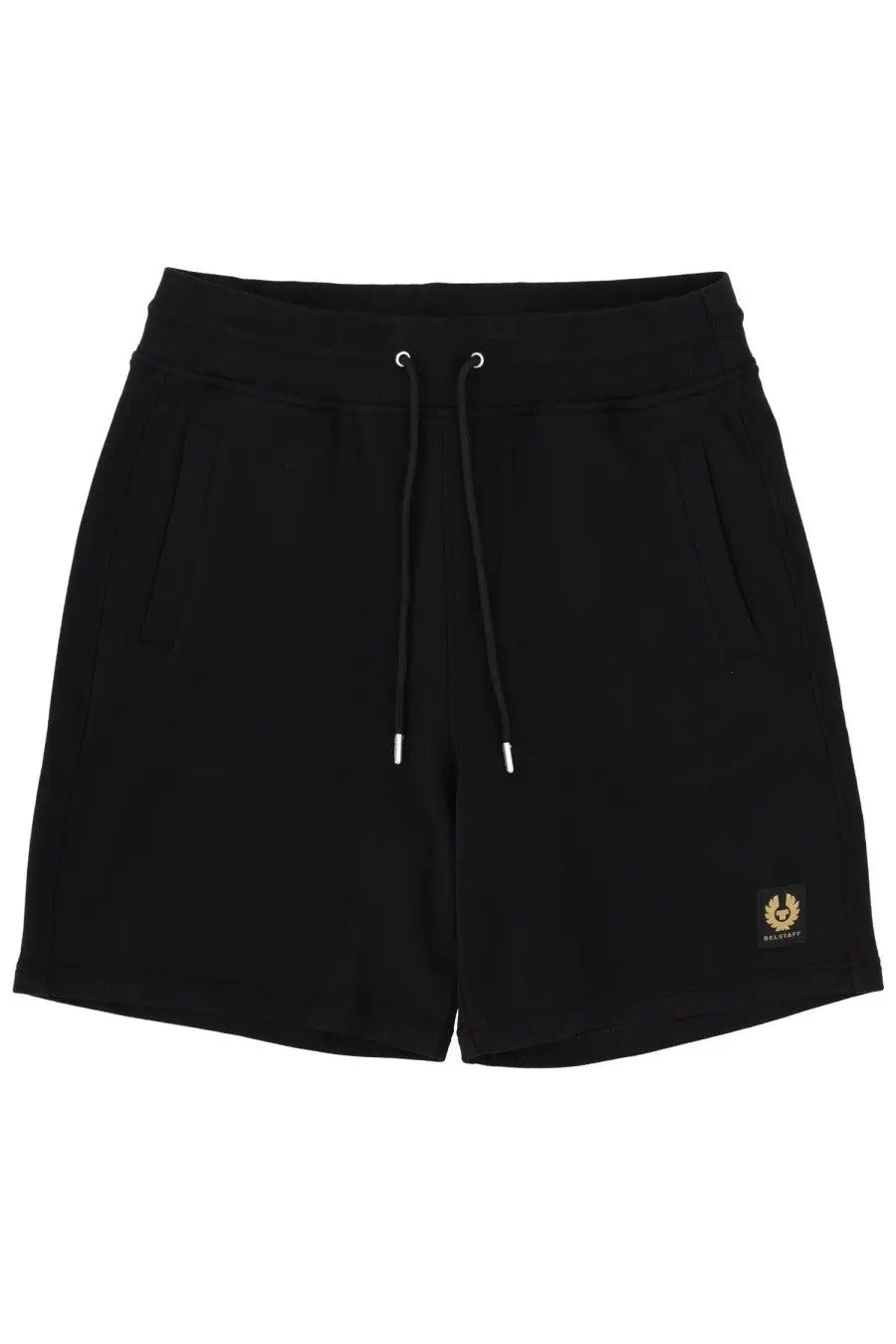 Belstaff men’s black drawstring shorts featuring a small gold and black logo patch on the lower right leg