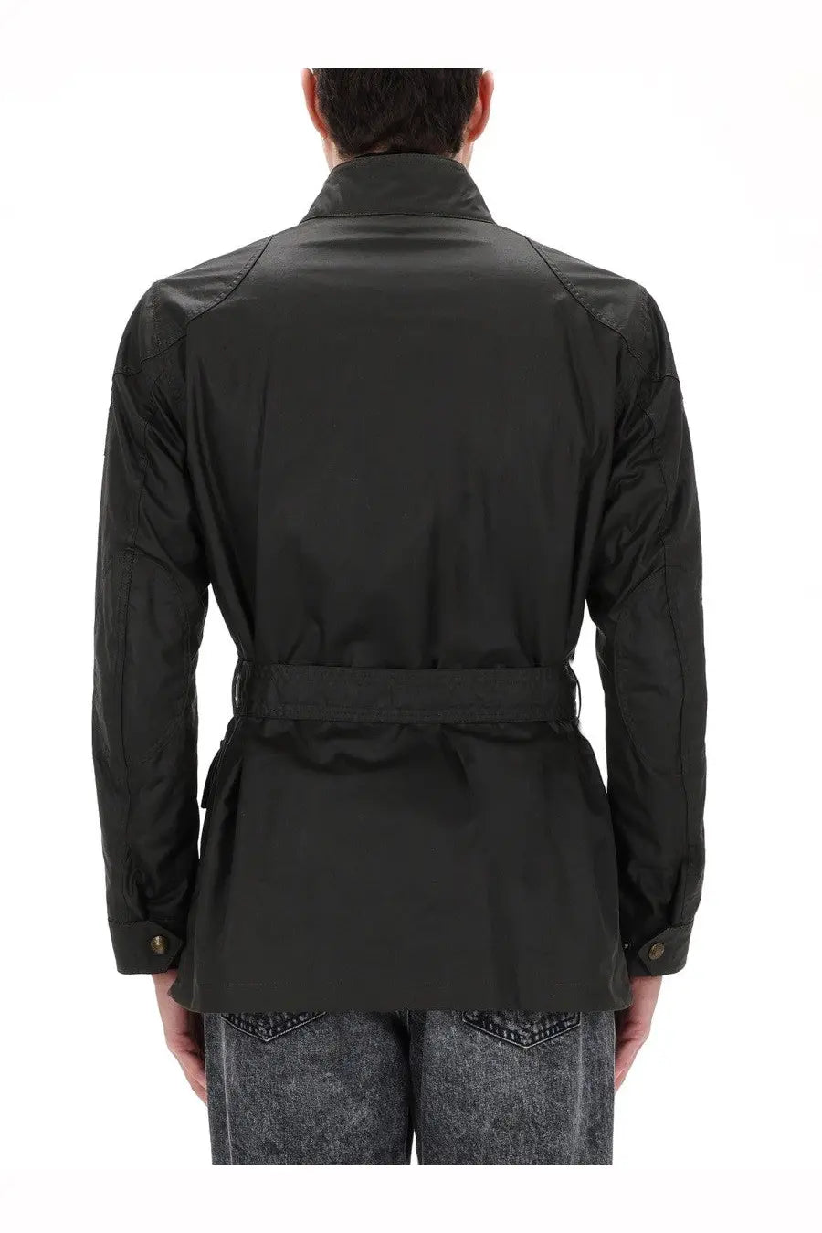 Belstaff men’s trialmaster jacket black with belted waist and structured shoulders in waxed cotton material