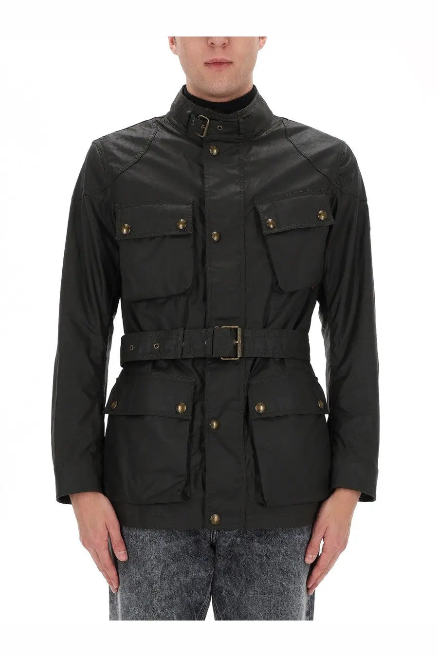 Belstaff men’s trialmaster black field jacket with brass buttons and belted waist in durable waxed cotton material