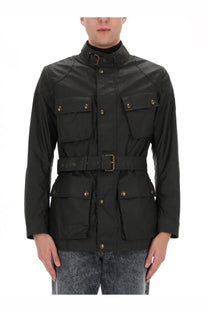 Belstaff men’s trialmaster black field jacket with brass buttons and belted waist in durable waxed cotton material