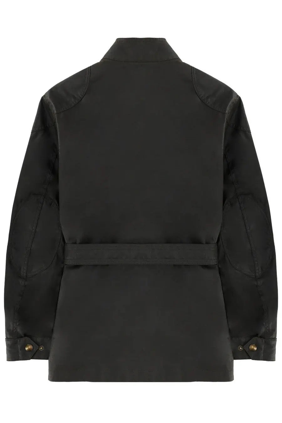 Belstaff men’s Trialmaster black trench coat with belted waist structured shoulders and gold-toned button cuffs
