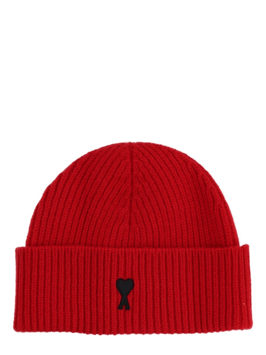 Ami Paris Unisex Wool Ribbed Beanie Red