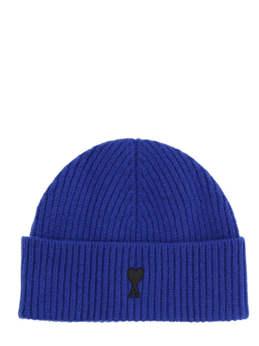 Ami Paris Unisex Wool Ribbed Beanie Blue