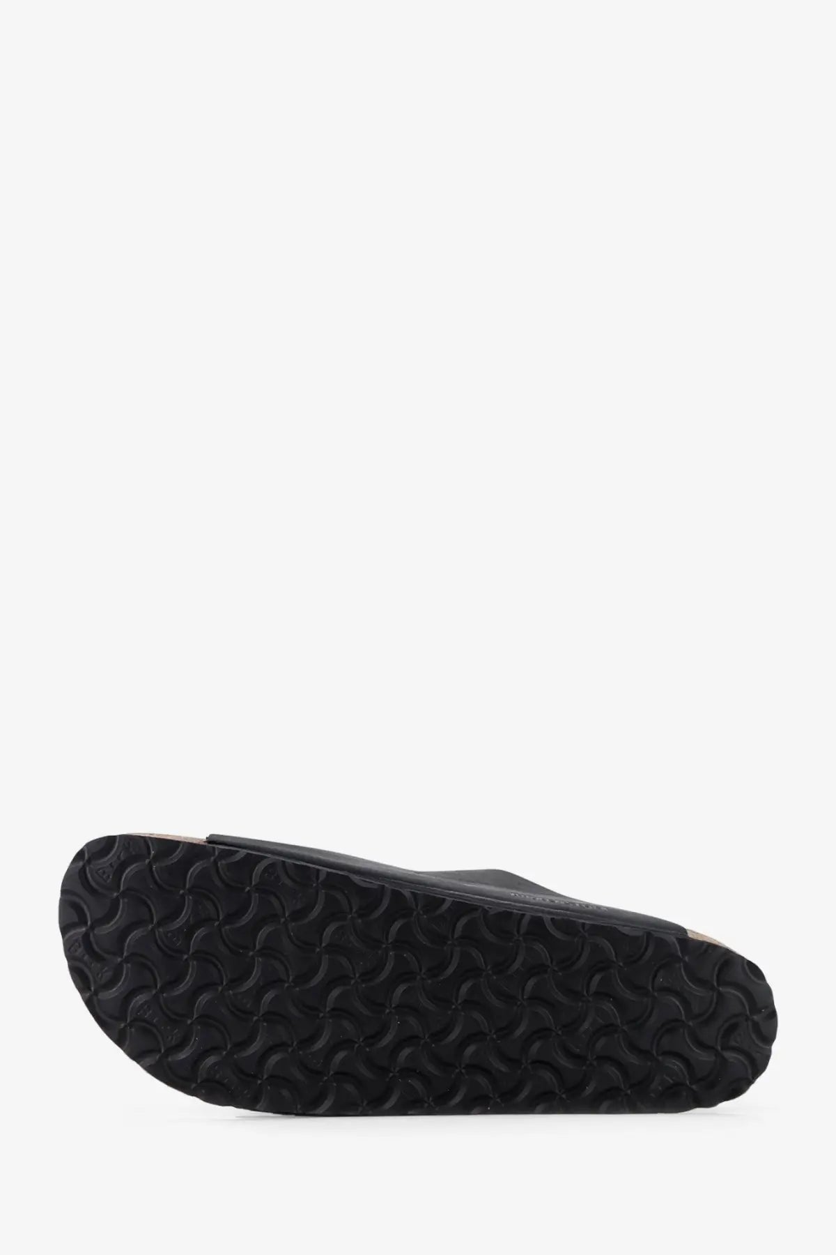 Black rubber sole with distinctive wavy tread pattern on birkenstock mens arizona leather sandals black
