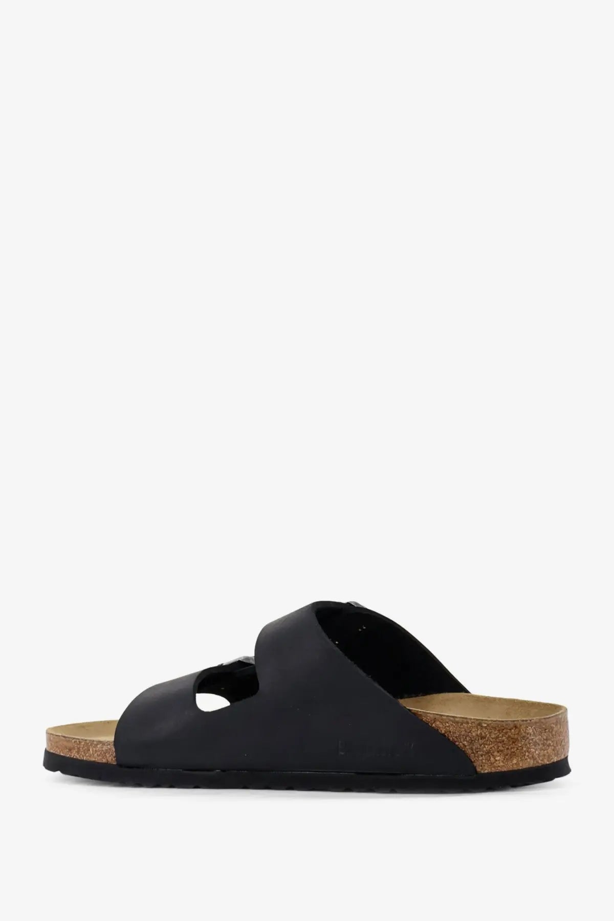 Birkenstock men’s arizona leather sandals in black with cork footbed and durable rubber sole for comfortable wear