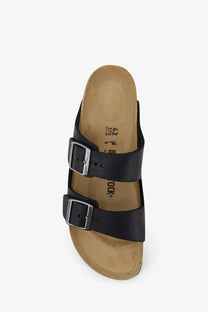 Birkenstock men’s arizona leather sandals black with two silver-toned buckle straps and cork footbed