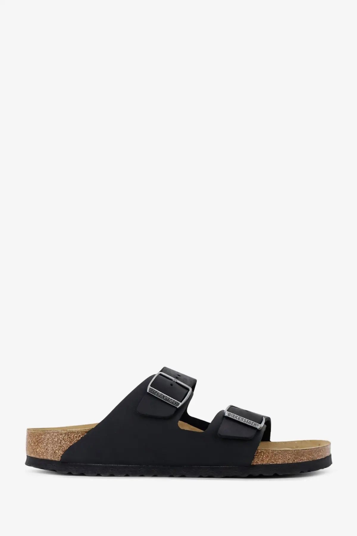 Birkenstock men’s Arizona black leather sandal with two adjustable straps and cork footbed for comfort and style