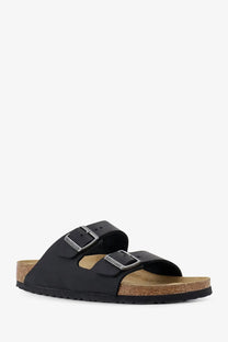 Birkenstock men’s Arizona leather sandals in black with two silver-toned buckle straps and a cork footbed