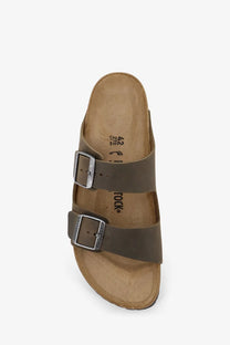 Birkenstock men’s arizona brown leather sandal with two silver buckle straps for casual wear