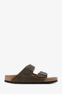 Birkenstock men’s Arizona olive green leather sandal with two adjustable straps and cork footbed front view
