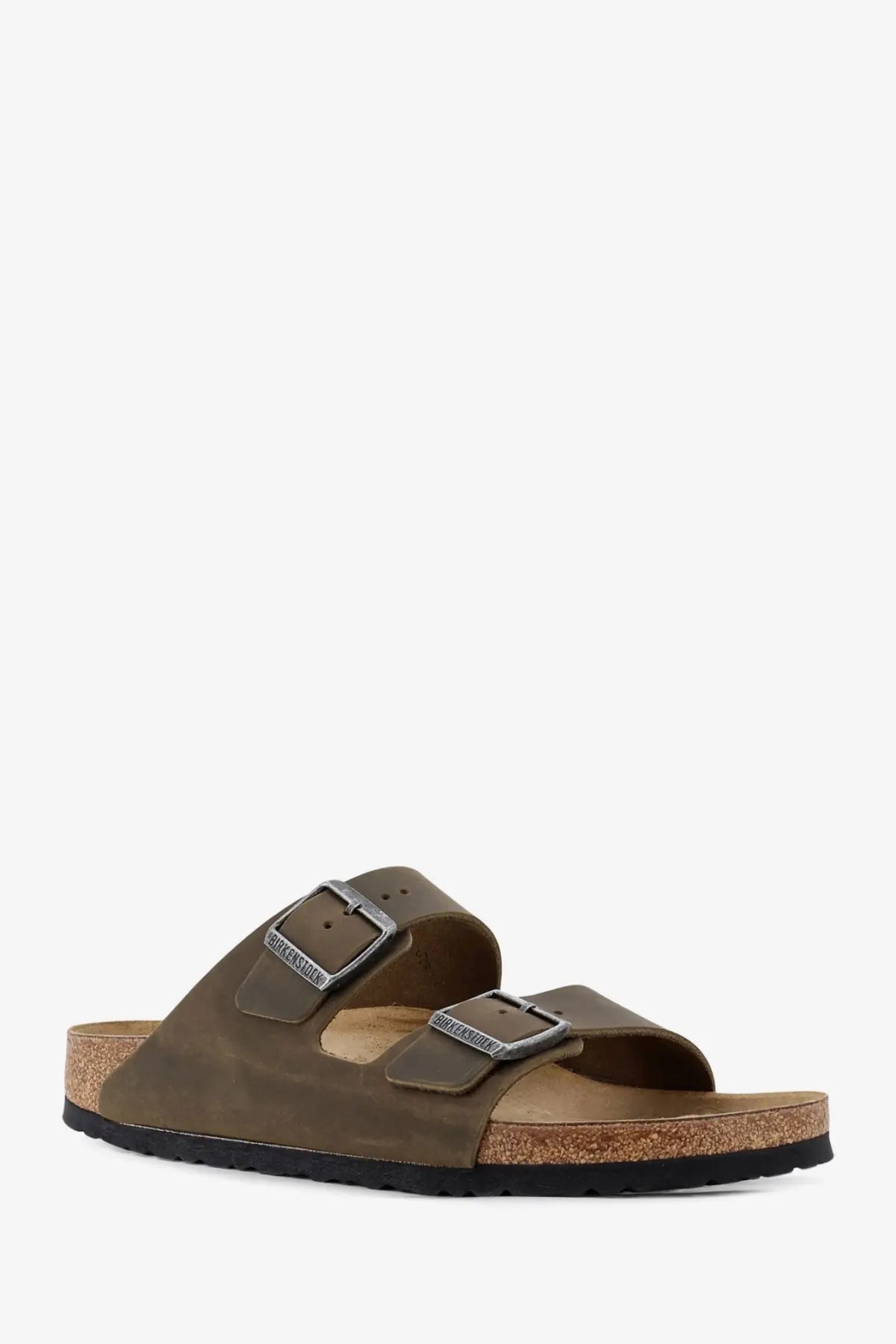 Birkenstock men’s Arizona olive green suede sandals with two silver buckle straps and cork footbed