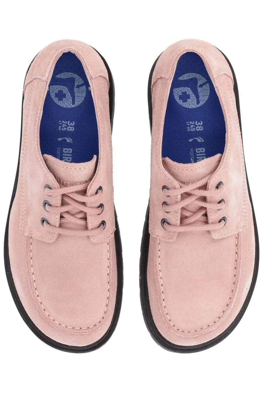 Pair of birkenstock unisex mocassino highwood moc lace low blue pink suede shoes with black rubber soles and blue insoles