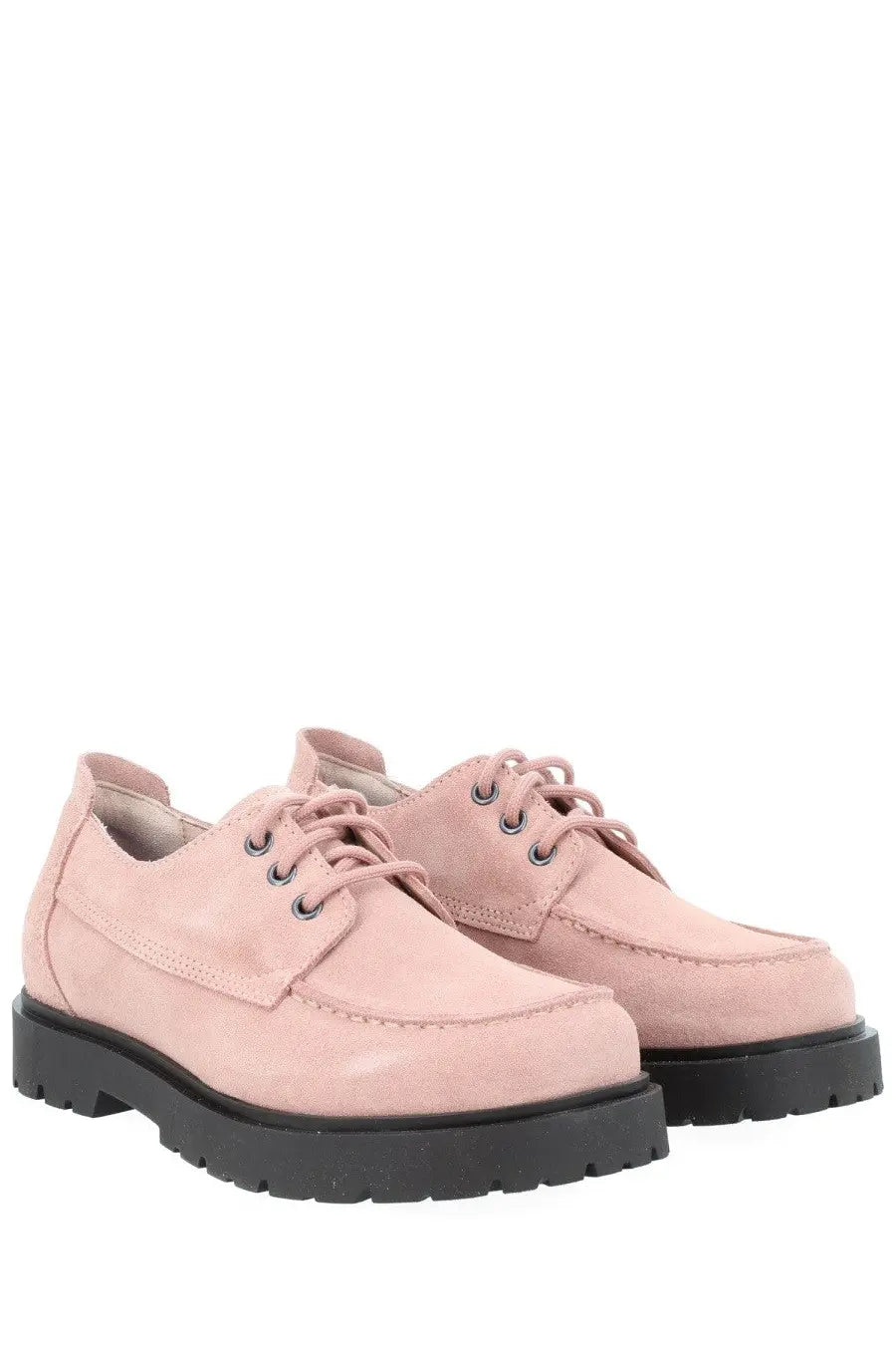 Birkenstock unisex mocassino highwood moc pink suede lace-up shoes with black rubber soles and low blue accents