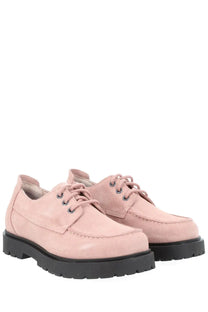 Birkenstock unisex mocassino highwood moc pink suede lace-up shoes with black rubber soles and low blue accents