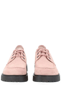 Birkenstock unisex mocassino highwood moc lace low blue pink suede lace-up shoes with black rubber soles front view