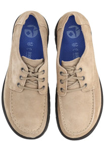 Birkenstock unisex moccasin highwood moc lace low beige suede lace-up shoes with black soles and blue insoles logo