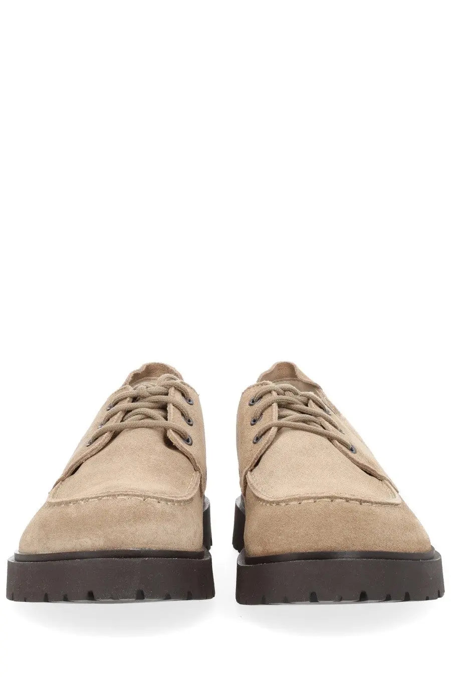Beige suede Birkenstock unisex moccasin highwood moc lace low shoes with dark brown rubber soles and lace-up design