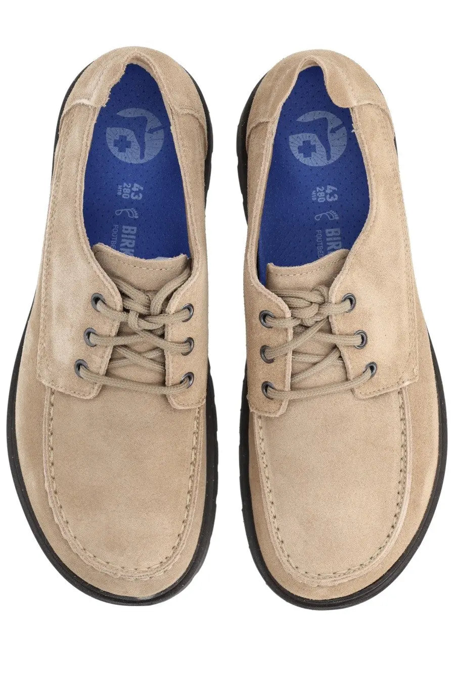 Birkenstock unisex moccasin highwood moc lace low beige shoes in beige suede with black soles and blue insoles featuring logo