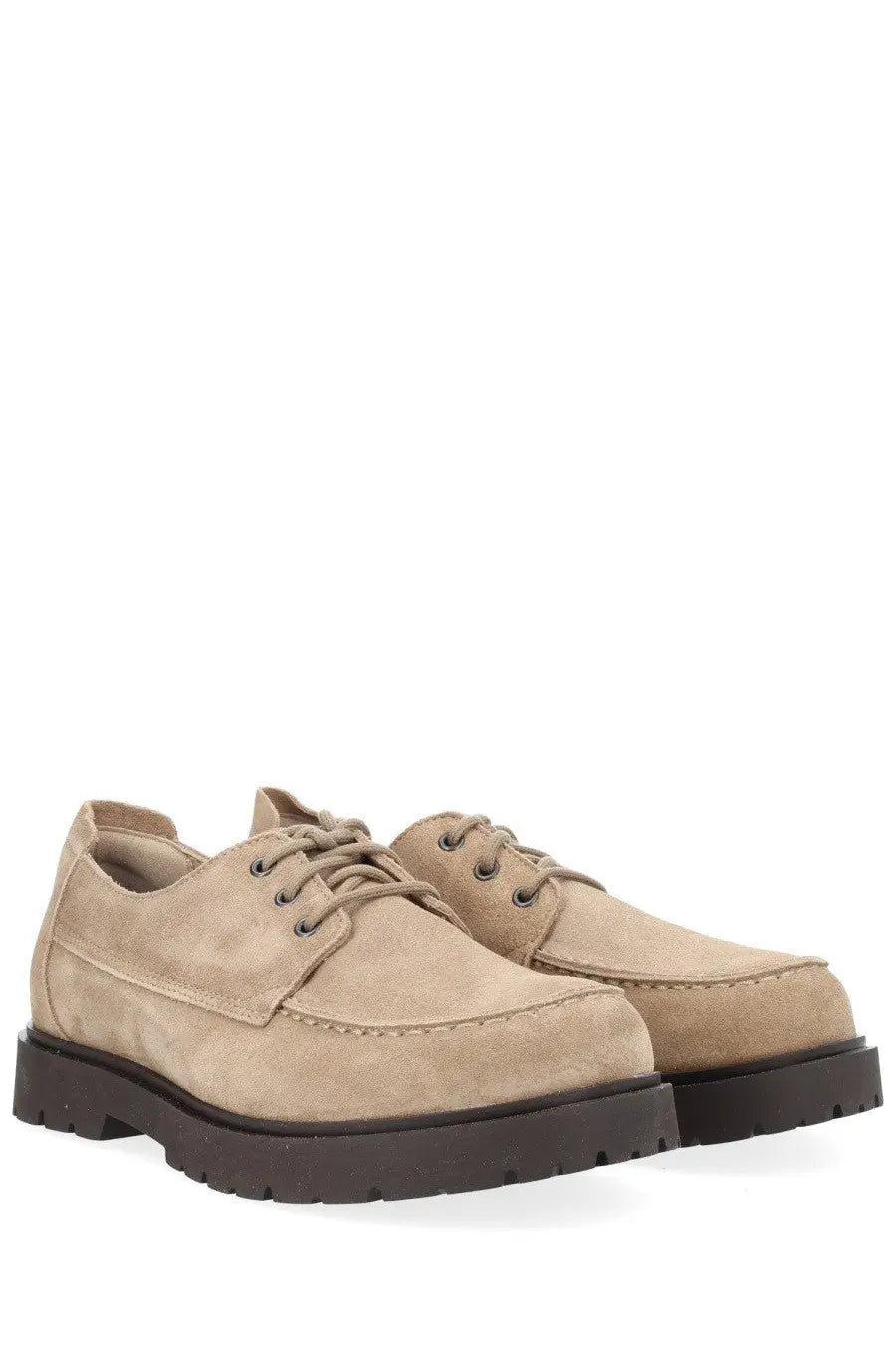 Beige suede Birkenstock unisex moccasin highwood moc lace low shoes with chunky black rubber sole and lace-up design