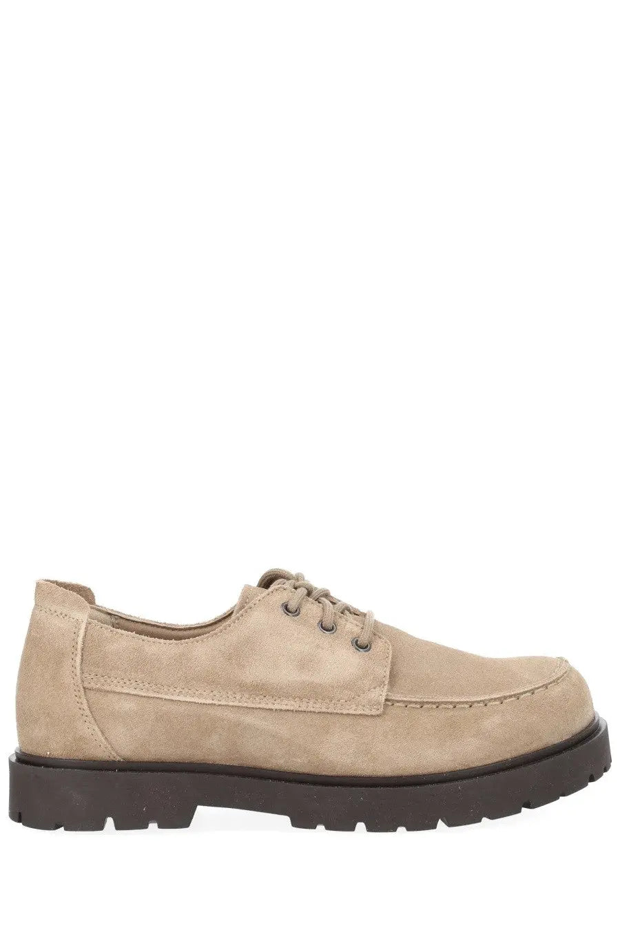 Beige suede birkenstock unisex moccasin highwood moc lace shoe with dark brown rubber sole and lace-up design