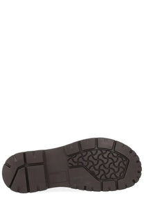 Dark brown rubber sole with textured patterned tread on the birkenstock unisex moccasin highwood moc lace low brown