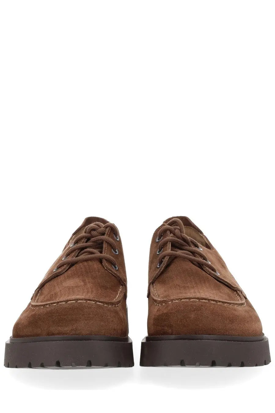 Birkenstock unisex moccasin highwood moc lace low brown suede lace-up shoes with chunky black rubber sole front view