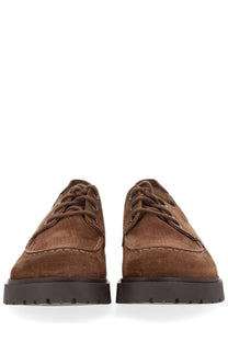 Birkenstock unisex moccasin highwood moc lace low brown suede lace-up shoes with chunky black rubber sole front view
