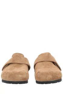 Tan suede birkenstock unisex mule loma brown clogs with black rubber sole and comfortable slip-on design