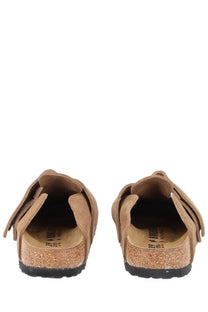 Birkenstock unisex mule Loma brown tan suede clogs with cork footbed and black rubber sole front view