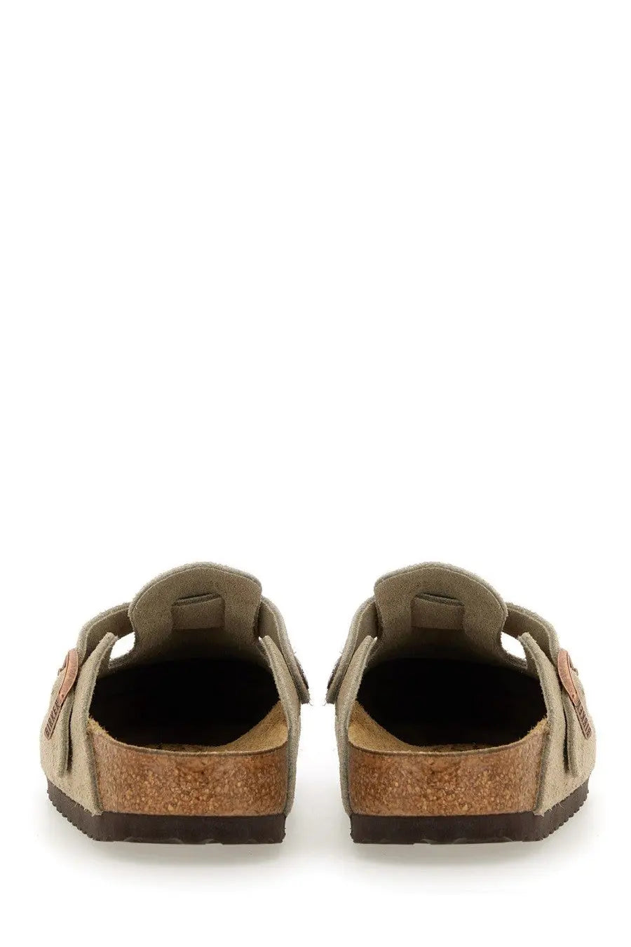 Beige suede birkibar clogs with cork footbed and brown rubber sole in birkenstock unisex sabot boston beige product