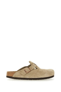 Birkenstock unisex sabot Boston beige suede sandals with cork footbed and rose gold buckle