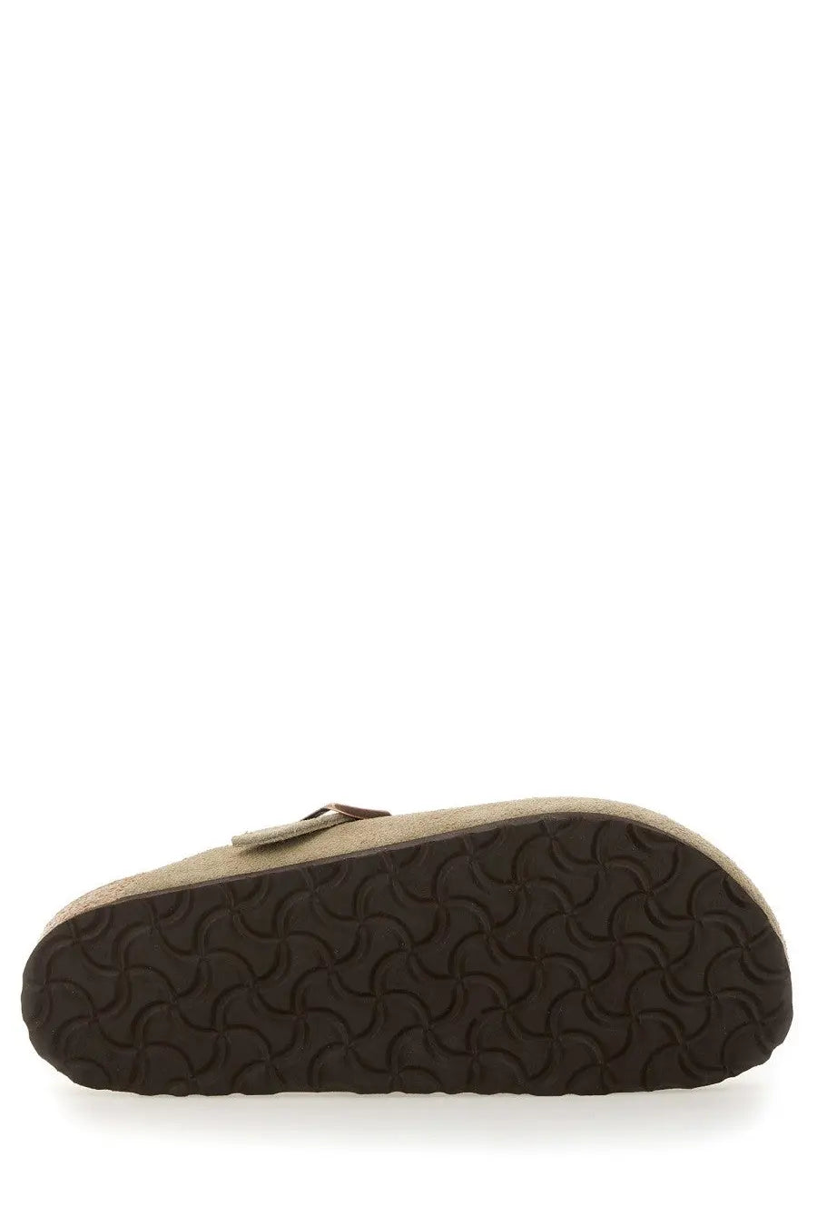 Beige suede birkenstock unisex sabot boston clog with dark brown rubber sole and matching strap shown from the back side