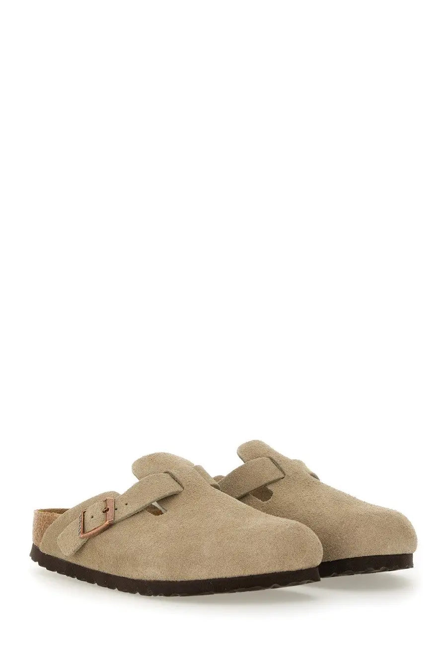Beige suede birkenstock unisex sabot boston clogs with copper buckle and dark rubber sole