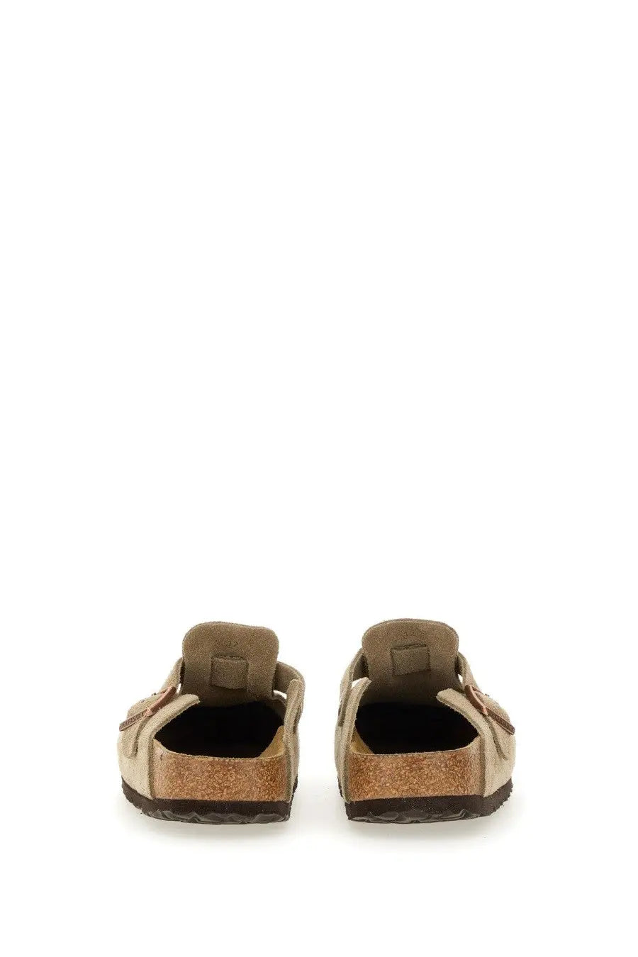 Beige suede birkenstock unisex sabot boston clogs with cork footbed and dark brown rubber sole front view