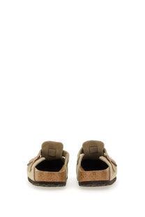 Beige suede birkenstock unisex sabot boston clogs with cork footbed and dark brown rubber sole front view