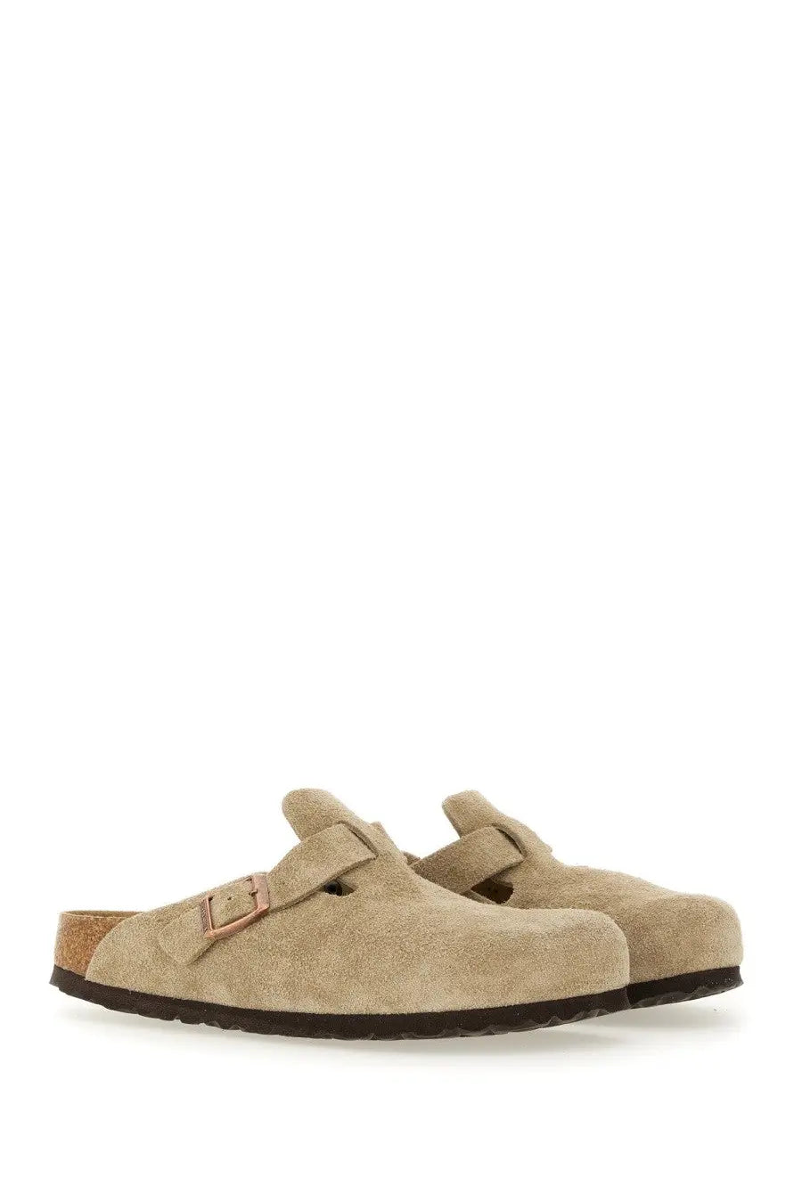 Birkenstock unisex sabot Boston beige beige suede clogs with cork footbed and brown rubber sole visible from the back