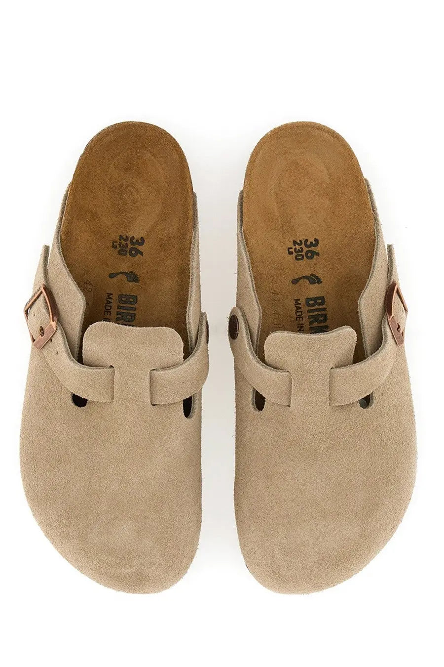 Beige suede birkenstock unisex sabot boston clogs with rose gold buckle straps visible from the front