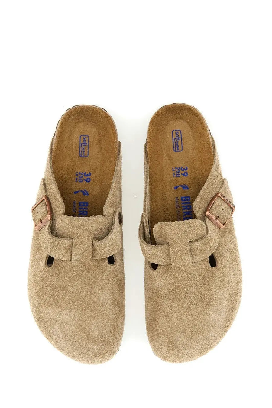 Birkenstock unisex sabot boston beige tan suede clogs with rose gold-tone buckle straps