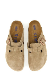 Birkenstock unisex sabot boston beige tan suede clogs with rose gold-tone buckle straps