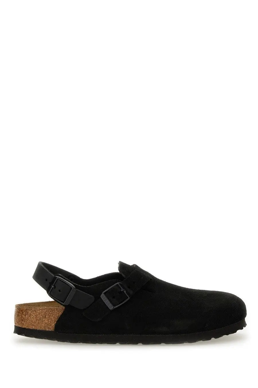 Birkenstock unisex sabot boston black clog in black suede with two adjustable straps and cork footbed