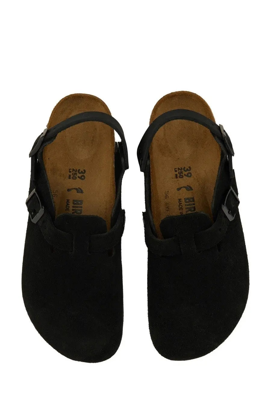 Birkenstock unisex sabot boston black black suede clogs with black straps and silver buckle details