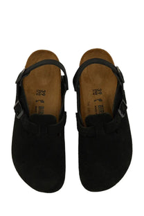 Birkenstock unisex sabot boston black black suede clogs with black straps and silver buckle details